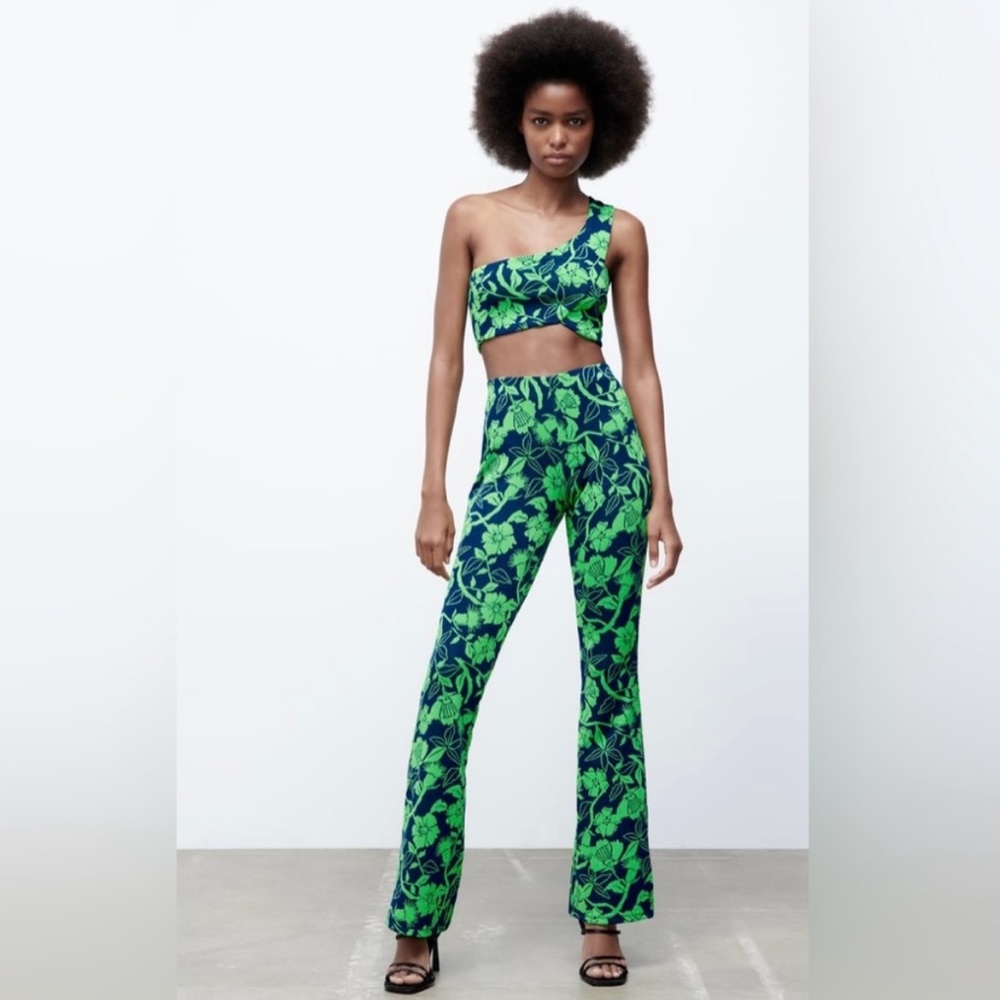 NWT Zara Green Blue Jacquard Floral Print High Waisted Flare Pants
